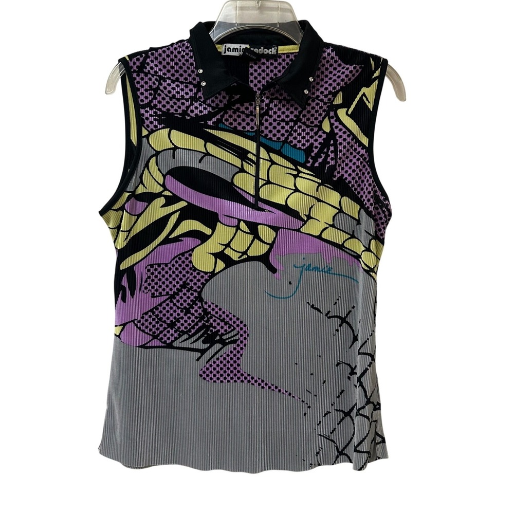 Jamie Sadock Women's Sleeveless Golf Polo Shirt Abstract Purple Yellow Pleated L - Picture 2 of 10